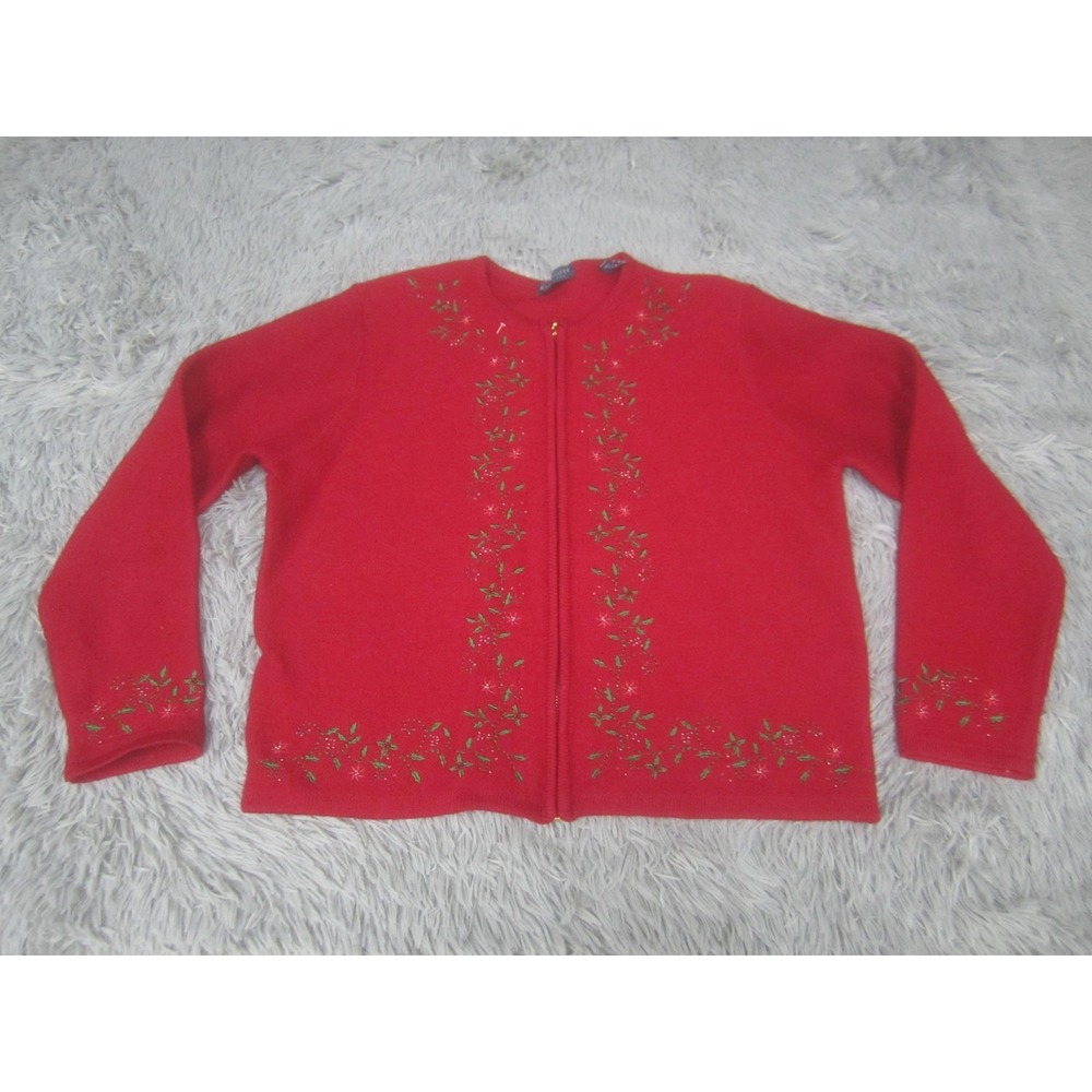 Karen Scott Cardigan Sweater Womens Large Red Wool Zip Beaded Floral Christmas